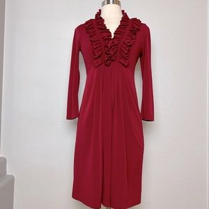 Maggie London Holiday Dress Women's 2 Red Ruffle Around V-Neck Shift Dress